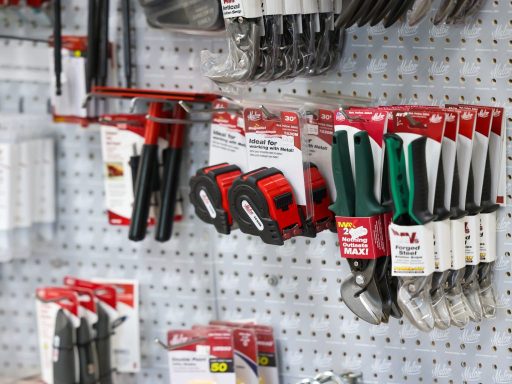 Tape measures and tin snips in the Dutchman Metal store