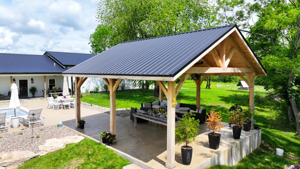 Metal roof protects an outdoor pavilion